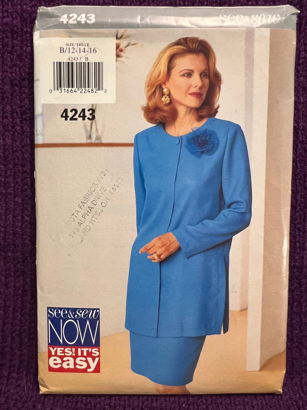 Butterick Sewing pattern 4243 suit long blazer straight skirt size 12 14
